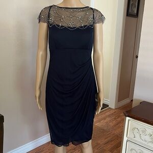 X by Xscape Navy Blue - Side Ruffle Bead Dress - Size 14